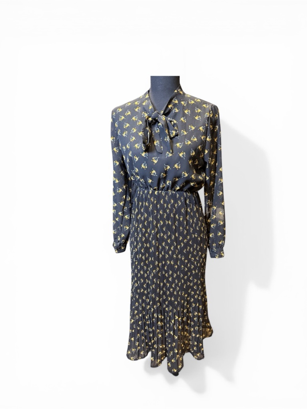 Black and Yellow Floral Tie-Neck Midi Dress